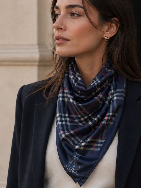 Burberry Accessories - Vintage Burberry Silk Scarf Navy Plaid Nova Check Square Classic Luxury